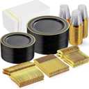GATHER 350PCS Black Plastic Plates-Disposable Dinnerware Set Include 100PCS Black and Gold Plastic Plates, 150 Silverware, 50 Napkins, 50 Cups Perfect for Party & Wedding
