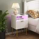 Modern Nightstand with Charging Station and LED Lights, White Bedside Table with Drawer, Fluted Side Table for Living Room, Bedroom, 15.7 inches x 11.8 inches x 23.6 inches