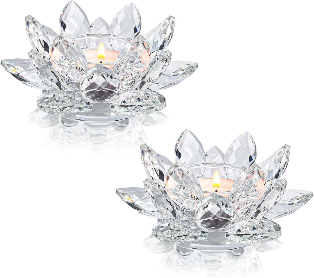 Crystal Lotus Flower Tealight Candle Holders/Glass Tea Light Candlestick Decor Decoration for Christmas Home Wedding Party (Clean 2pcs)