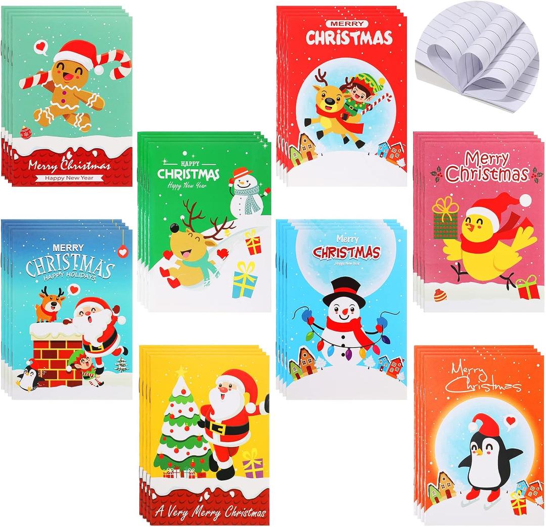 64 Pcs Christmas Mini Notebook Christmas Small Memo Pad Notepads Christmas Theme Assorted Pocket Notebook Snowman Santa Pattern Notebook Kids Stocking Stuffers for Xmas Party Favors Supplies 3 x 5 in