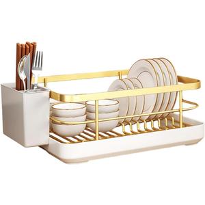 Dish Drying Rack for Kitchen Counter - Space-Saving Gold Dish Rack with Drip Tray & Cutlery Holder, Carbon Steel Removable Dish Drainer Rack