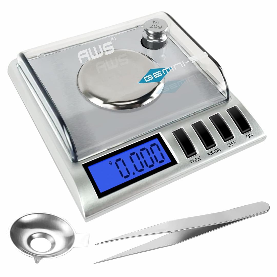 AWS Gemini-50 Milligram Scale 50g x 0.001gDigital Jewelry/Lab Scale for Powder, Gold, Gems Includes Calibration Weights, Tweezers & TrayTare, Cal, 6 Units (Gemini-50g-Silver)