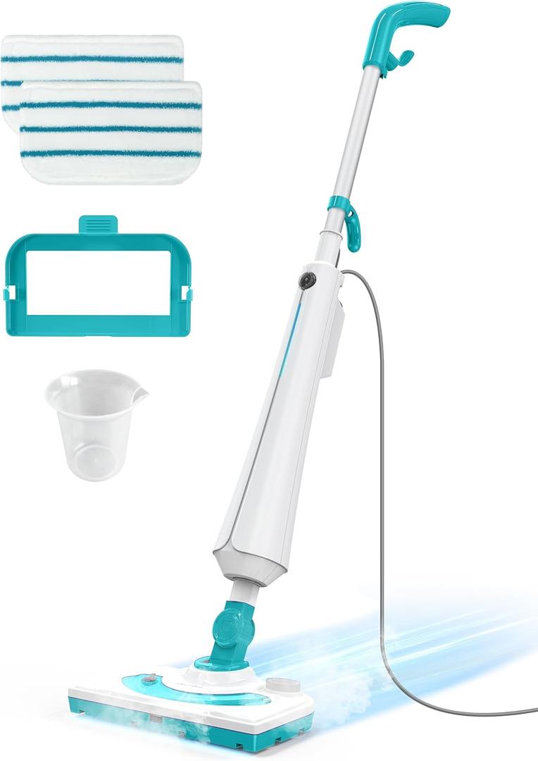 Professional Steam Mop Cleaner, 1300W Floor Steamer with Detergent Chamber, 25S Heat Up, Lightweight Steamer for Cleaning with 2 Washable Pads, Safe for Tiles, Upholstery, Carpet, Hardwood, Teal