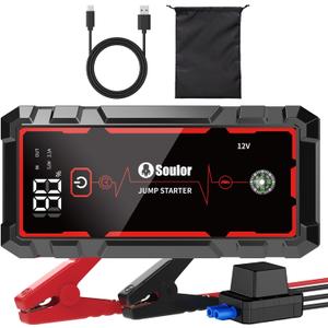 5000A Jump Starter Car Battery Jumper Starter Portable with Jumper Cable, Quick Charge Power Bank, 3 Modes Flashlight, Compass (Coral Red)