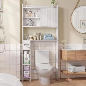 Over‑Toilet Wall Cabinet, White Engineered‑Wood Storage with Fluted Sliding Door & Adjustable Shelves, Modern Bathroom Organizer 7.5″ D × 31.5″ W × 66.9″ H