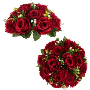 BLOSMON Flower Balls Wedding Rose Centerpieces: 2 Pcs Crimson Red Fake Flowers Kissing Balls Decor - Artificial Silk Roses Floral Arrangement Home Party Table DIY Decorations