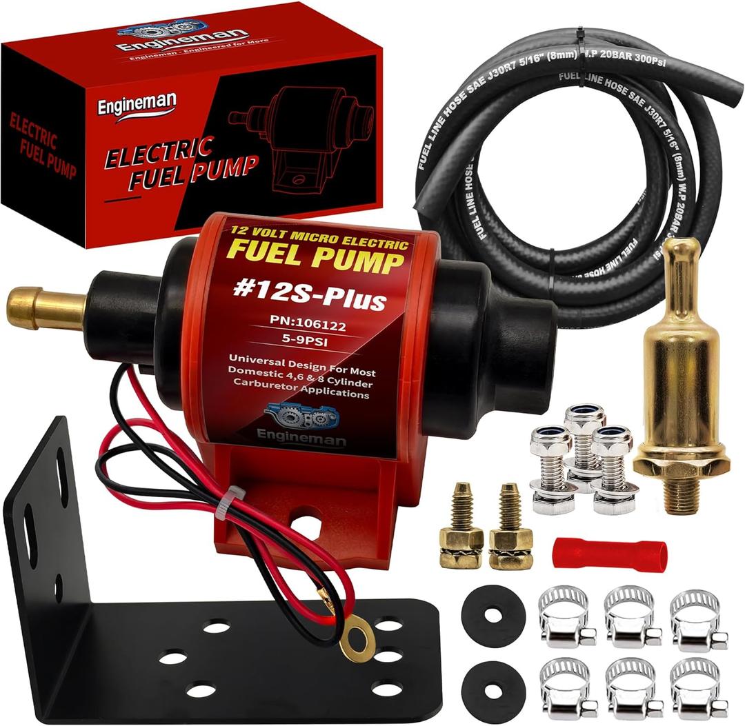 Universal 12 Volt Electric Fuel Pump 5-9 PSI, 35GPH, Super 12S Plus for Gasoline Diesel Engines with 5/16 Inch (8mm) ID Fuel Line Hose 6.56FT