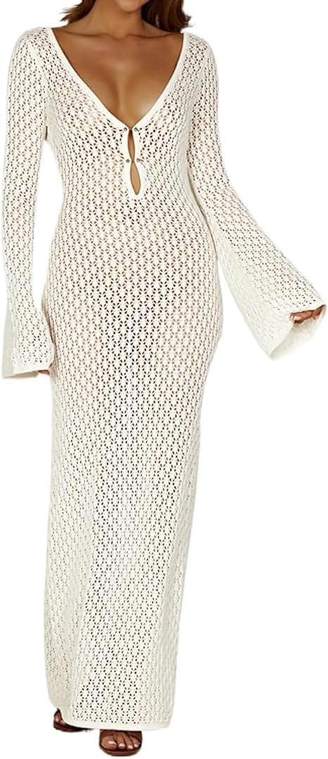 Leoparts Crochet Swimsuit Cover Up for Women Sexy V Neck Hollow Out Backless Maxi Dress Beach Bikini Coverup Dresses (Small)