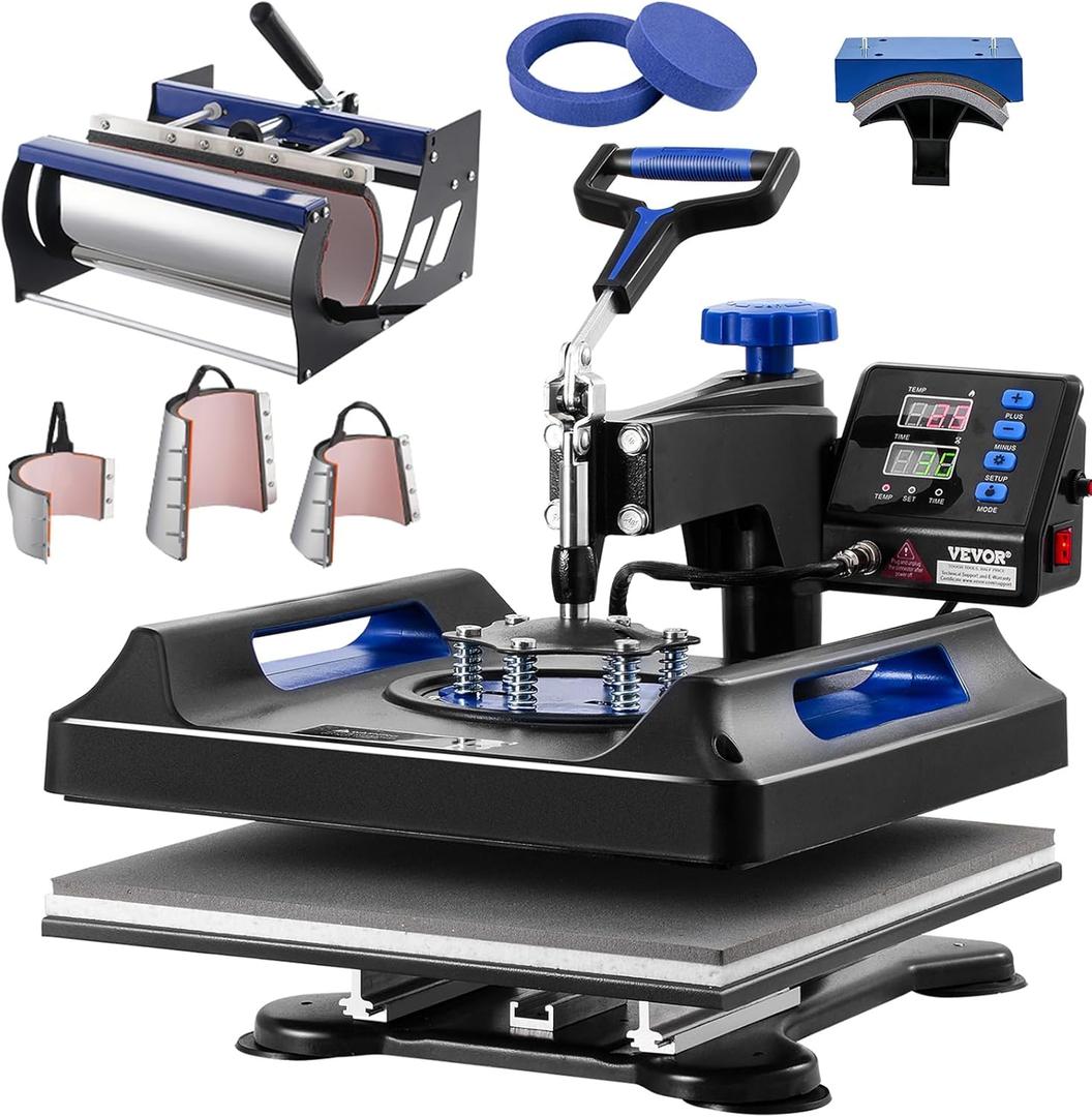 VEVOR Pro 15x15 Heat Press with 30 OZ Tumbler Attachment, 8in1 Combo Tumbler Hat Heat Press for T-Shirts, Tumblers Glass Cans Mugs Hats Caps, and Plates (Black & Blue)