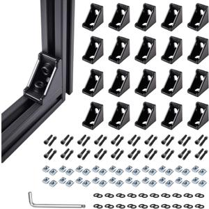 20 Sets Black 2020 Series Aluminum Extrusion T-Slot Corner Bracket Kit, Includes 20pcs Right Angle Connectors Gusset, 40pcs T-Nuts and Screws, for 6mm V-Slot Profile Hardware Accessories