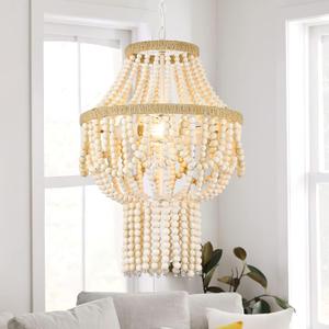 ELYONA 3-Light Large Birch Wood Beaded Chandelier, 16 Inch Boho Farmhouse Pendant Light Feature, Rustic Hanging Light, Country Chandelier for Bedroom, Kitchen, Dining Room, Living Room, Entryway