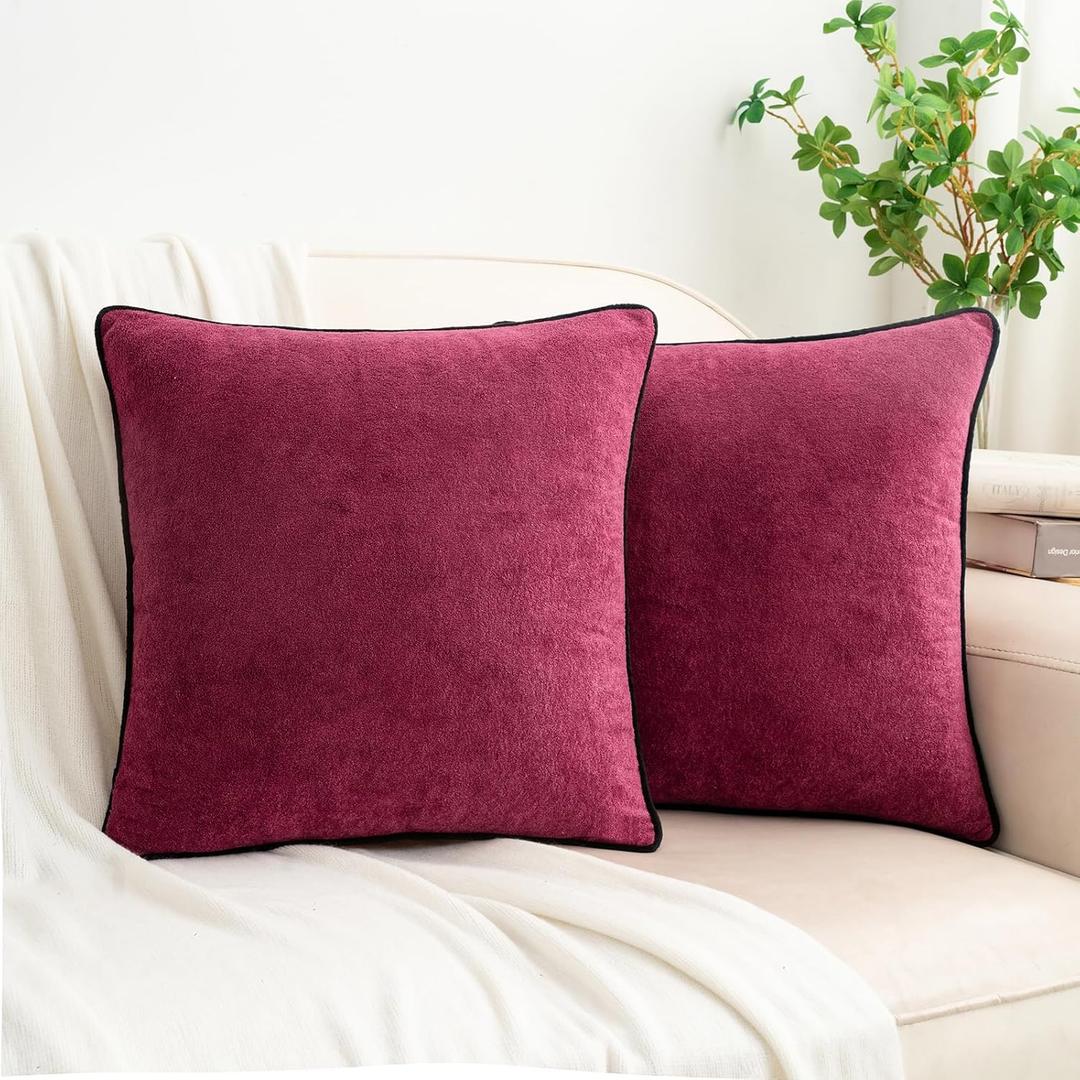 HWY 50 Soft Faux Chenille Throw Pillow Covers 18x18 Inch Pack of 2 with Black Velvet Piping Edge, Farmhouse Style Decorative Cushion Cases for Sofa Bed Living Room, Burgundy Red
