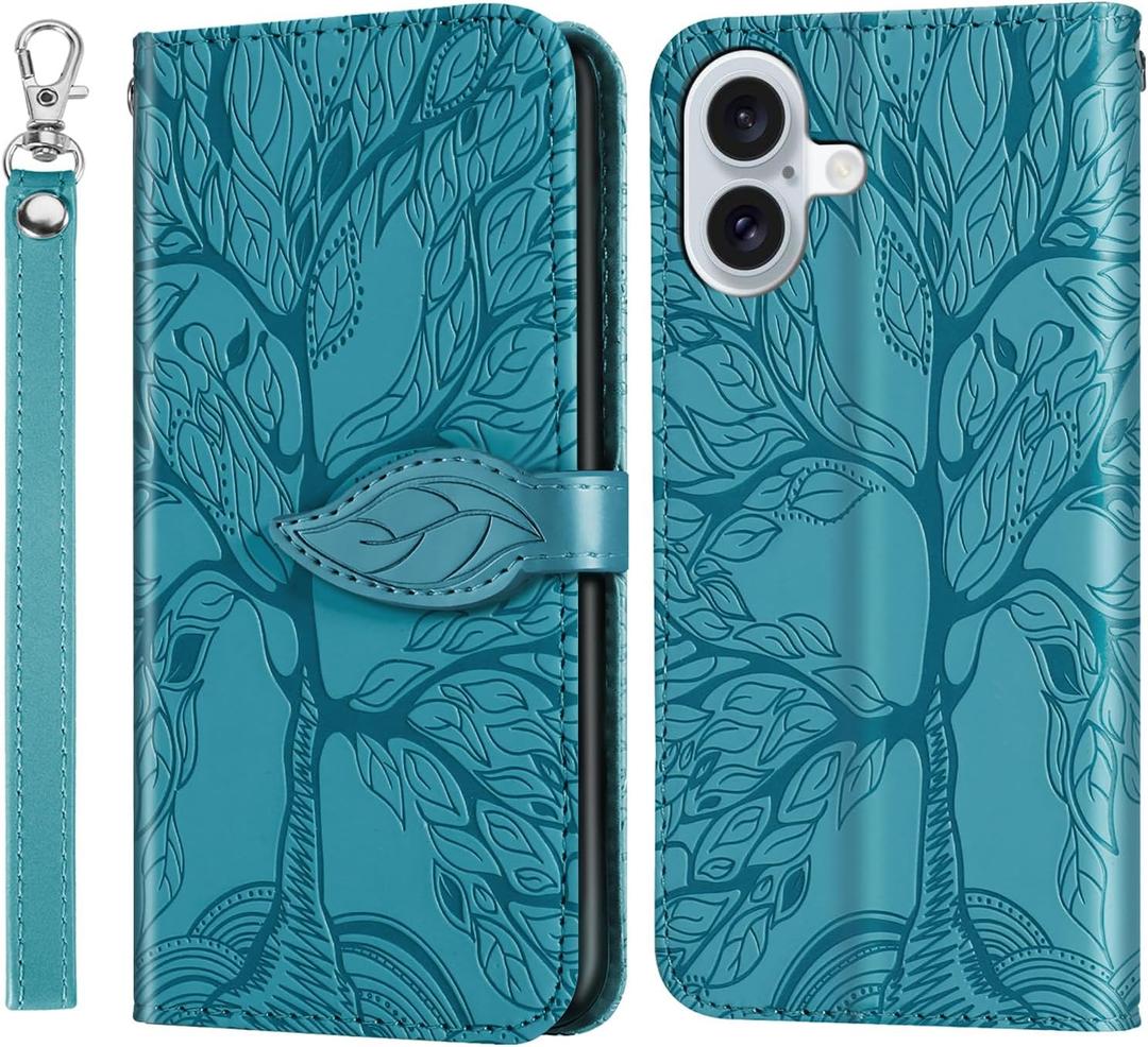 Wallet Case for Apple iPhone 16 6.1", Short Strap Leather Case for Apple iPhone 16,Folio Cover for iPhone 16 2024 Flip Case with Card Holder - Turquoise