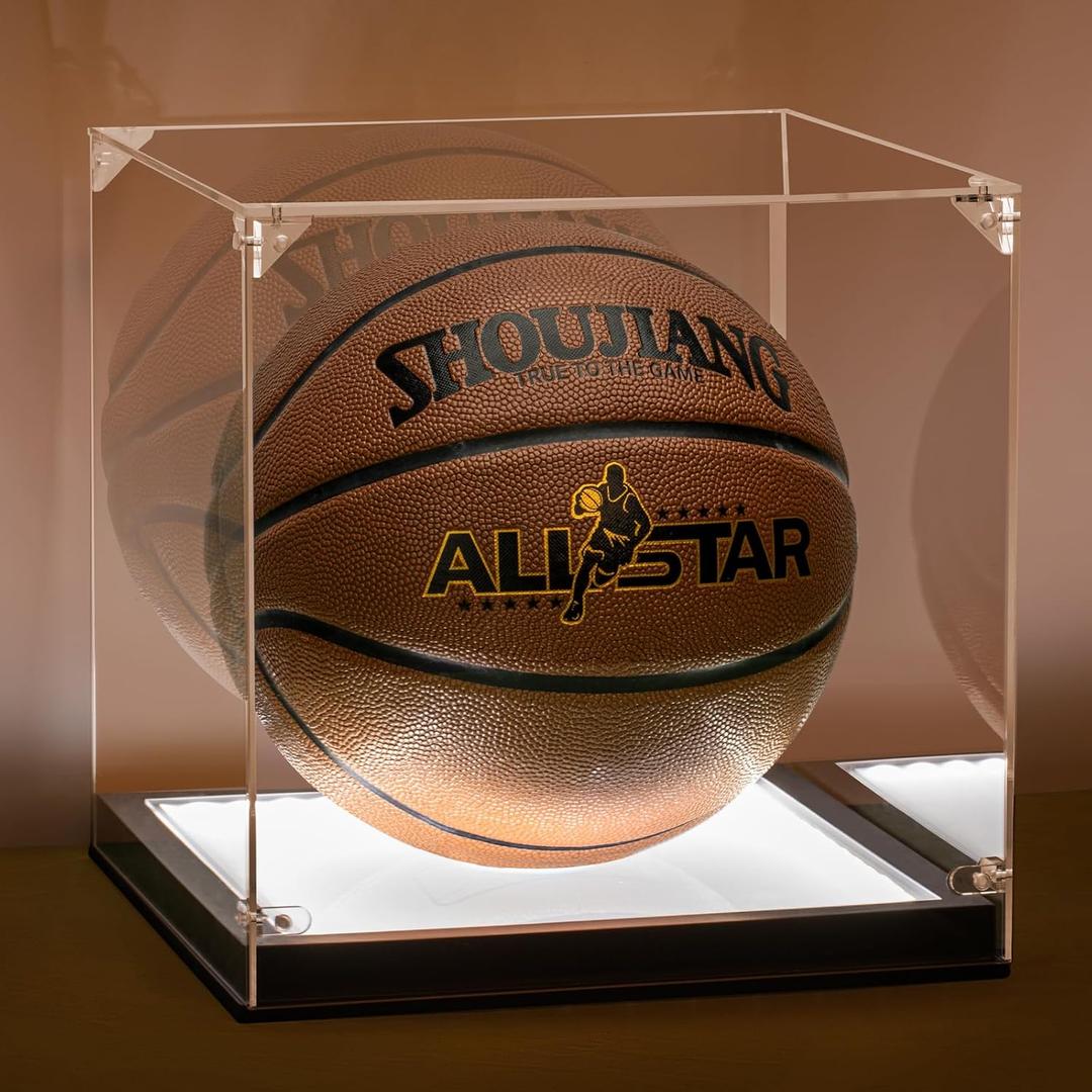 Basketball Display Case with LED, Thickened UV Protection Clear Acrylic Lid Basketball Holder, Wood Basketball Base Stand Basketball Cases for Autographed Basketball, Black