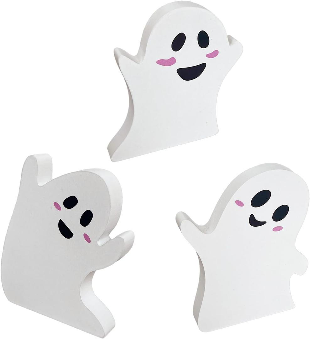 2 x Cute Ghost Halloween Decorations Indoor, Wooden Tiered Tray Decor Table Sign, Halloween Decor Wooden Ghost Sign for Party Home Shelf Display, 3 Pcs, Black White