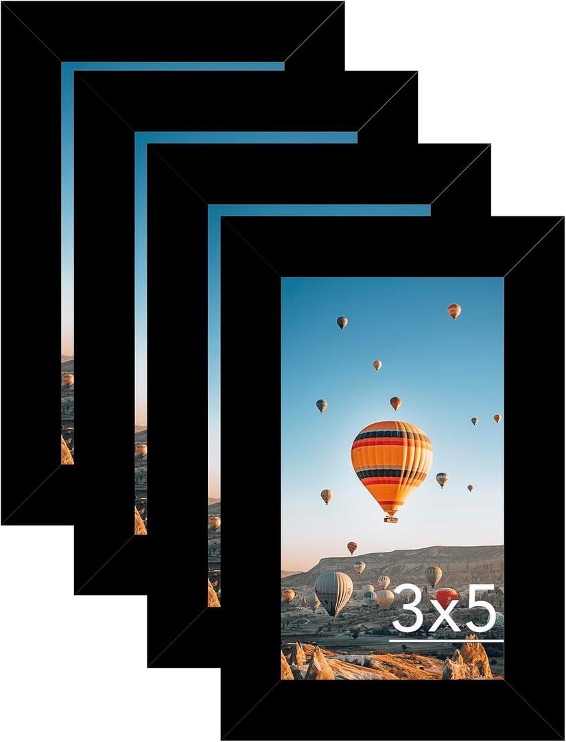 3x5 Picture Frame Set of 4 Black for Tabletop, 3 x 5 Photo Frame with Shatter Resistant Plexiglass, Sturdy 3 by 5 Poster Frame, 4 Pack, Black