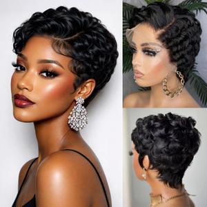 Black Short Curly Pixie Cut Lace Front Wigs 6 Inch Human Hair 13X4 HD Lace Front Wigs Pre Plucked with Baby Hair for Black Women (6 Inch, Black)