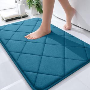OLANLY Memory Foam Bath Mat 30x20, Ultra Soft and Absorbent Bathroom Rugs, Machine Washable, Comfortable Bath Carpet for Bathroom Floor, Tub and Shower, Peacock Blue