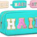 3 x Preppy Makeup Bag for Women, Cosmetic Bag Letter Pouch Purse with Handle, Waterproof Portable Glitter Nylon Travel Toiletry Bag Organizer with Zipper (A-Blue)