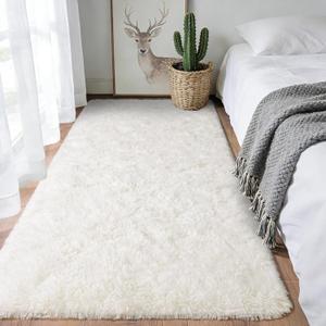Soft Shag Runner Rug 2x6 for Bedroom, Fluffy Plush Throw Area Rug Non Slip for Bedside Dorm Hallways, Washable Long Runners for Couch Closet Nursery Living Room, Cream White