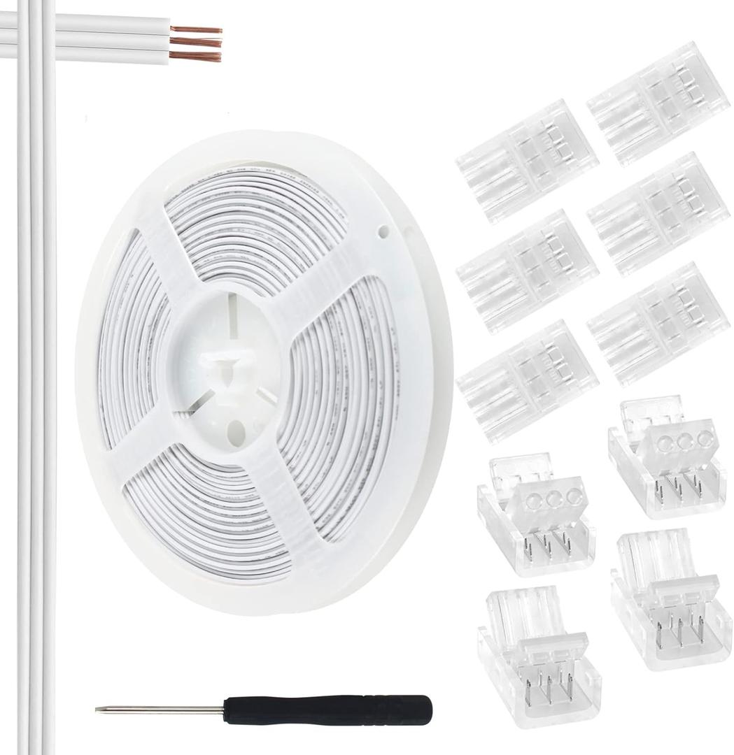 RGBZONE 3 Pin 10mm LED Connector Kit with 32.8ft 3 Pin Extension Cable and 10 Pcs 3 Pin LED Strip to Wire Connectors for 10mm IP20/IP65 SMD 5050 Dream Color LED Strip Light WS2811 WS2812B