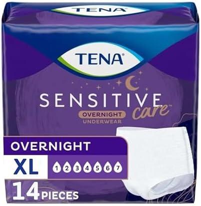 TENA Sensitive Care Overnight Incontinence Underwear Women, XL 39-52in 14ct | Designed to maximum absorbency. This underwear is 100% breathable which helps maintain your skin's natural moisture balance