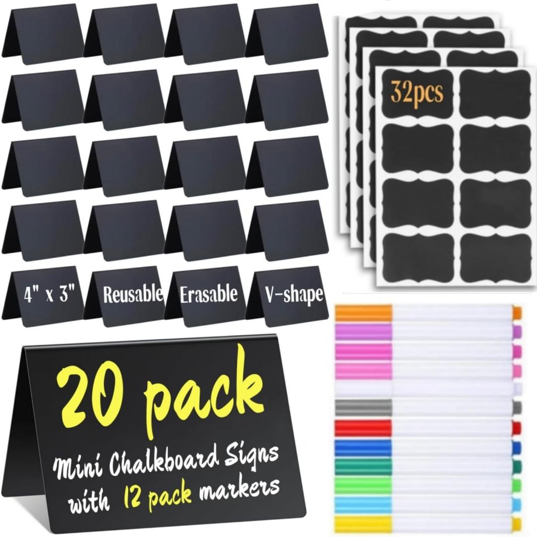 20 Pack Mini Chalkboard Signs Food Labels for Party Buffet, Reusable Small Chalk Boards for Birthday Bakery Wedding Table Signs Food Tags Place Cards (Plastic Chalkboard V-20)