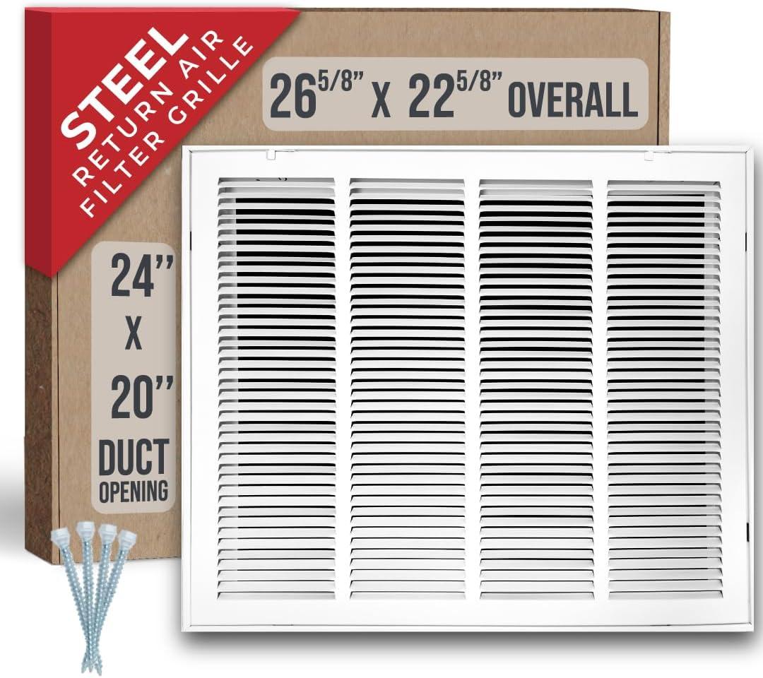 Fits 24x20 Duct Opening | Steel Return Air Filter Grille by Handua [Removable Door] for 1-inch Filters | Vent Cover Grill | White | HVAC Cold Air Intake Grille | Out Dim: 26 5/8"W X 22 5/8"H