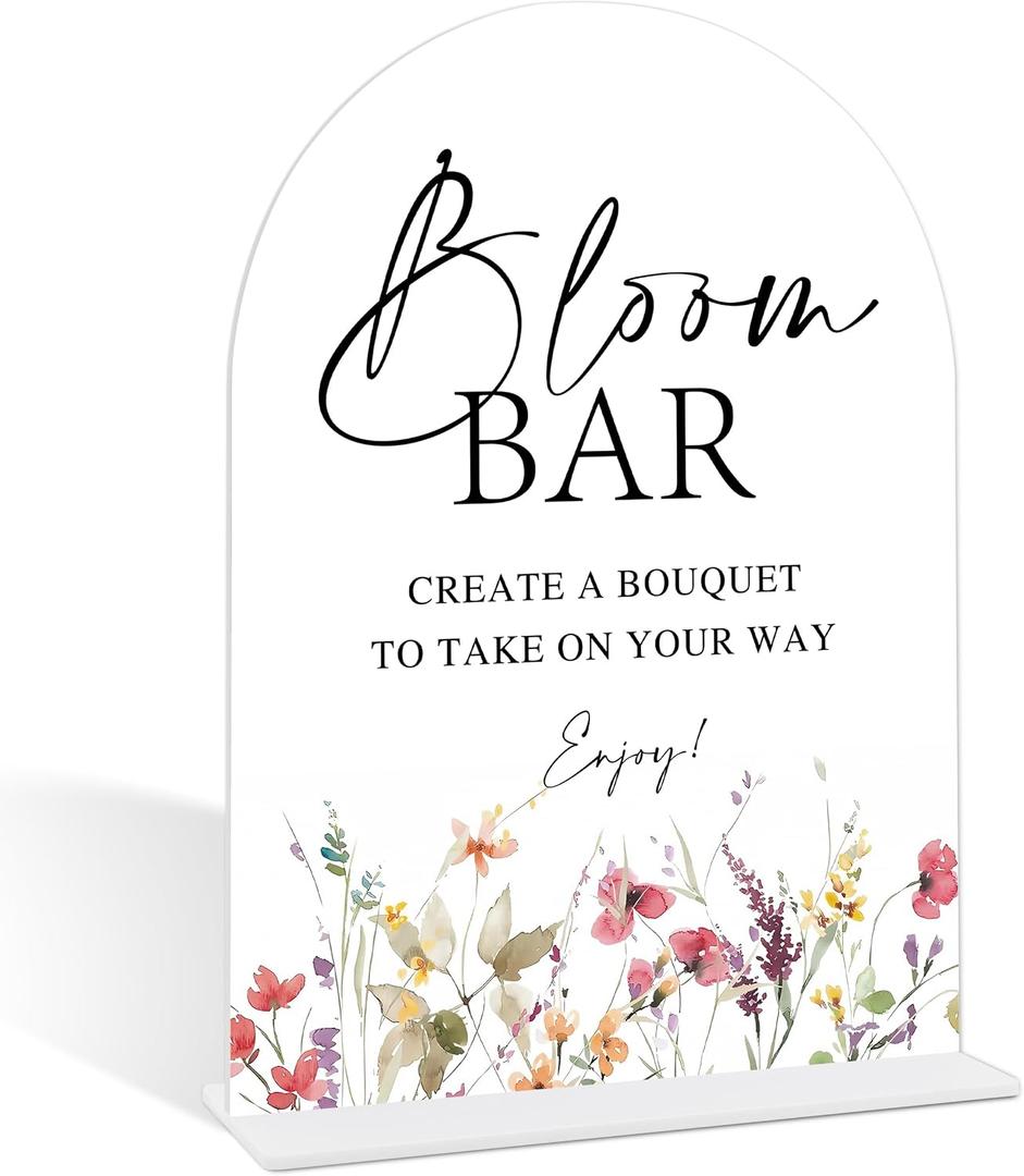Flower Bloom Bar Sign, Flower Bar Supplies, Bridal Shower Decor, Wedding Reception Decorations, Bridal Shower Centerpieces for Tables, Engagement Party Decor, Arch Acrylic Wedding Sign With Base-23