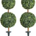 momoplant Artificial Topiary Double Ball Small Trees with Ground Spike 35 Inch Tall for Outdoor/Indoor [2 Pack] 2 Ft Faux Boxwood Plants