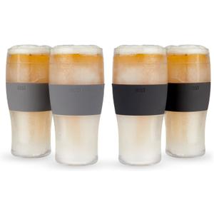 HOST Freeze Beer Glasses, 16 ounce Freezer Gel Chiller Double Wall Plastic Frozen Pint Glass, Set of 4, Black and Grey