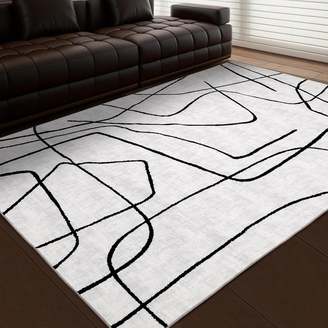 YIHOUSE Abstract 6'x9' Black and White Rug- Washable Area Rug for Living Room Bedroom, Large Modern Non-Slip Ultra-Thin Rug Home Decor,Abstract,6x9ft