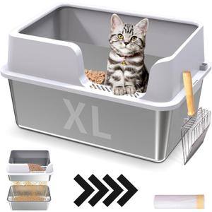 XL Stainless Steel Sifting Cat Litter Box with Sifting Box & Bottom Pan, Sifting Cat Litter Pan High Side, No Mess, Nnti-Odor, Easy to Clean, Metal Cat Litter Box with 1 Metal Scooper & 10 Liners