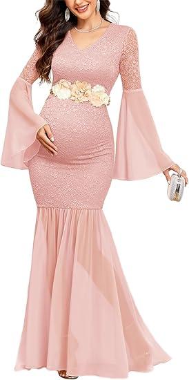 Aizwi Maternity Dress Baby Shower Long Bell Sleeve Floral Lace Contrast Chiffon V-Neck Mermaid Pregnancy Photoshoot Gown 2 XL
