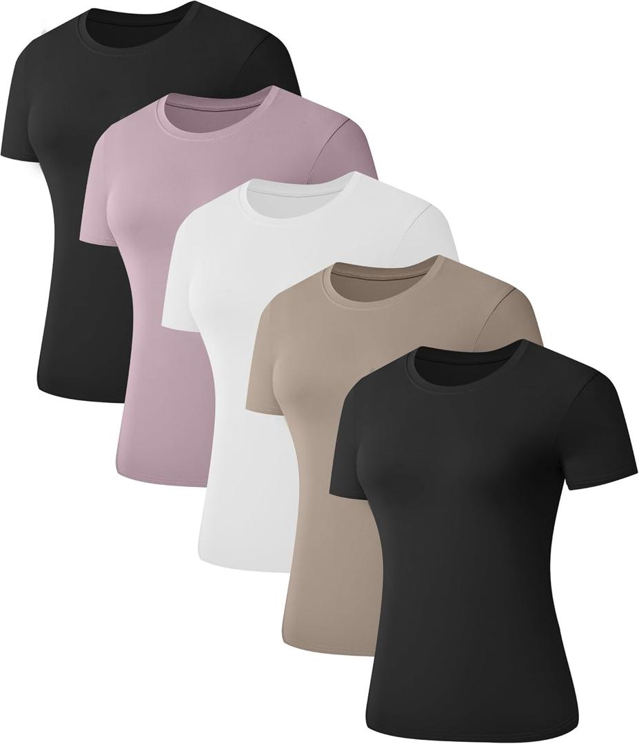 1/5 Pack Women's Short Sleeve Basic T Shirts Tees, Slim Fit Crew Neck Tshirt Summer Tops for Casual Workout Trendy (Large, 2 Black 1 White 1 Pink 1 Khaki)