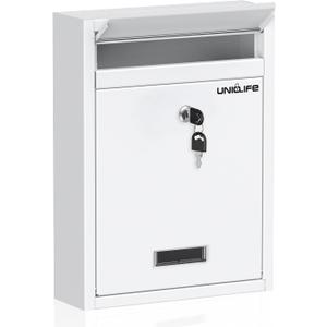 Uniclife Wall Mount Mailbox for Outside, Locking Mailbox, Large Mailbox with Key Lock, Security Mail Box for House, Safe Key Drop Box, Post Box, Steel Cash Drop Box for Home Office School, White