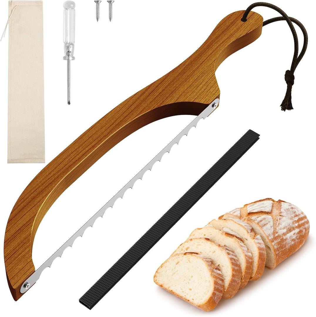 Bread Knife for Homemade Bread  16" Walnut Bow Bread Cutter with Ultra-Sharp Serrated Stainless Steel Blade, Sourdough Bread Knife for Bagels, Baguettes, and Rustic Loaves - Walnut Color