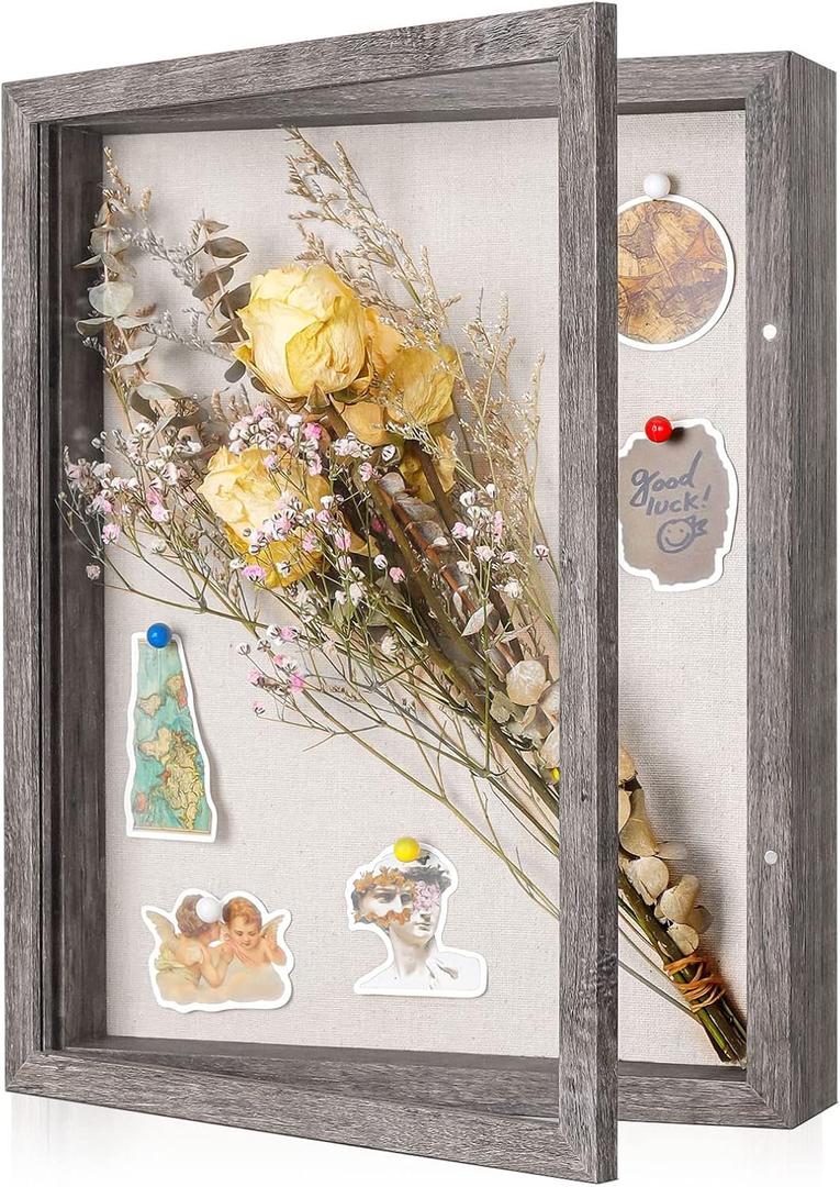Califortree 11x14 Shadow Box Frame with Linen Back - Sturdy Memory Display Case of Flower, Pictures, Medals and More, Rustic Gray