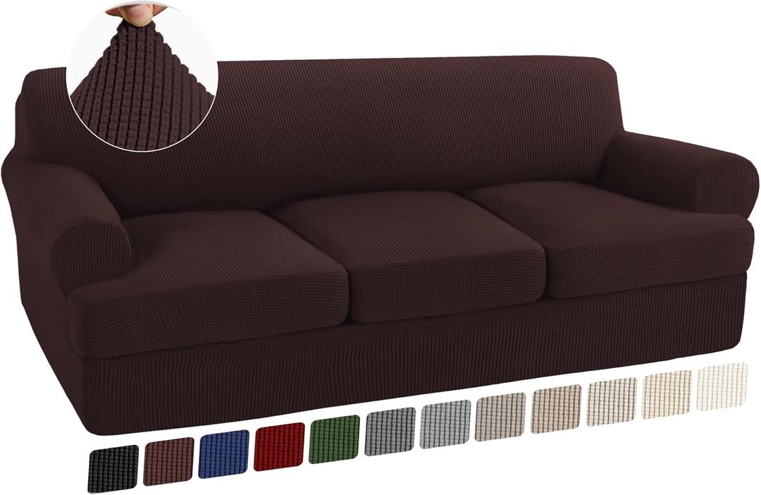 Turquoize 4 Piece T Cushion Sofa Slipcovers Stretch Couch Cover Furniture Covers with 3 Individual T Cushion Covers, Machine Washable (3 Cushion Sofa, Brown)