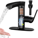 MakeFit Bathroom Faucets, Waterfall Sink Faucet with Hard Water Filter, Black Rv Bathroom Sink Faucet with 360° Swivel Spout for 1-Hole or 3-Hole, Single Handle Bathroom Sink Faucet with Pop Up Drain, Black