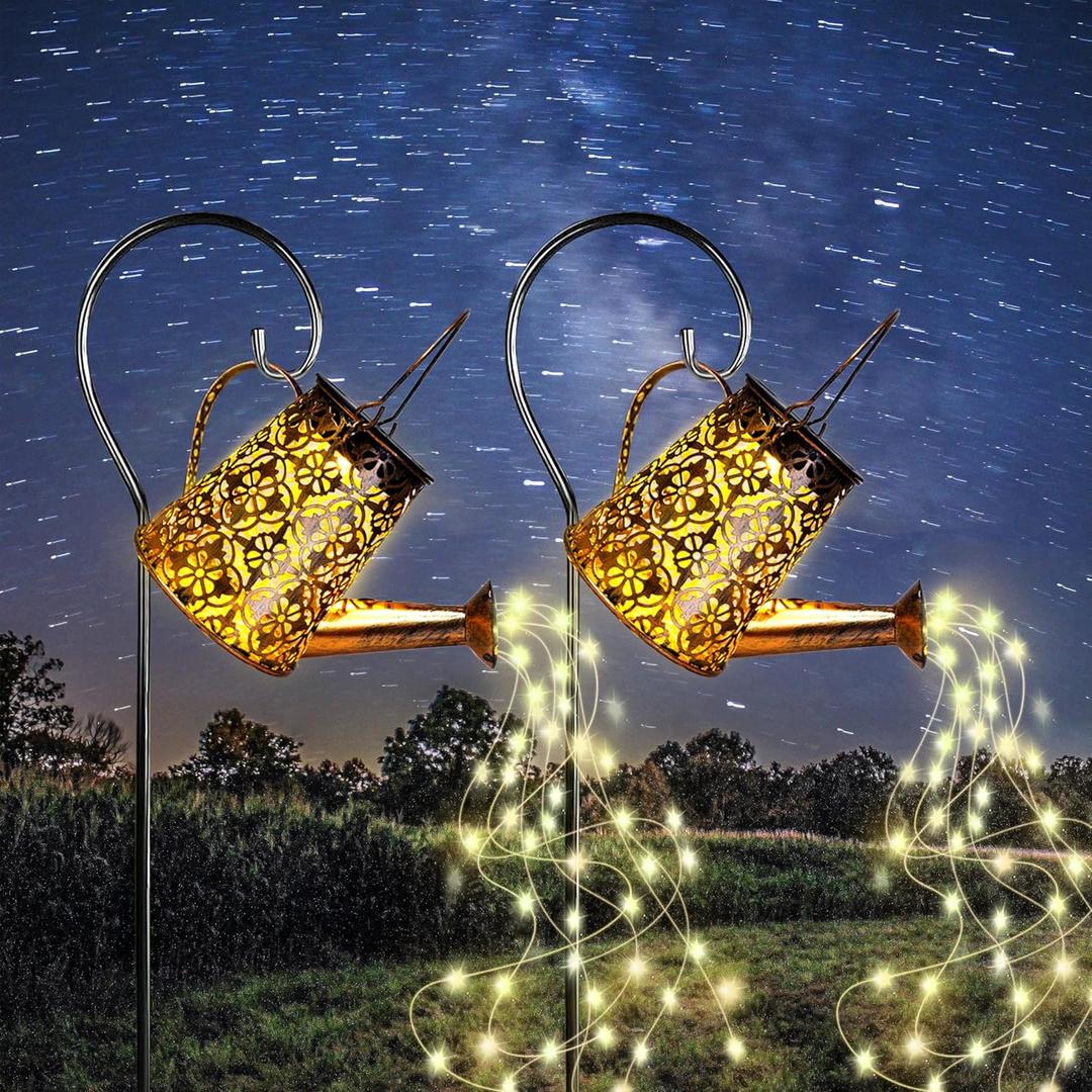 Solar Garden Watering Can Lights with Cascading Lights, 2 Pack Outdoor Hanging Lanterns for Garden Decor,Fairy Gardening Gifts for Mom Birthday, Perfect for Patio Yard Pathway (Warm White)