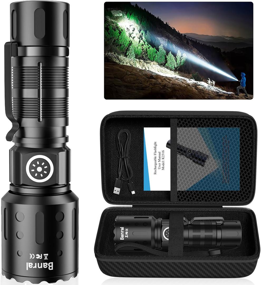 Flashlights High Lumens Rechargeable, Super Bright LED Small Powerful Flashlight with Memory Function, 6Modes Pocket Waterproof Flash Light for Camping,Hiking,Stocking Stuffer for Men (1, Black)