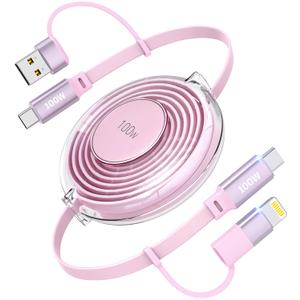 Retractable USB-C Cable, 100W 4-in-1 Multi Charging Cable, USB-C/A to Lightning/USB-C Retractable Charger Cord for iPhone 16, iPhone 15, Samsung, MacBook, iPad (Pink)