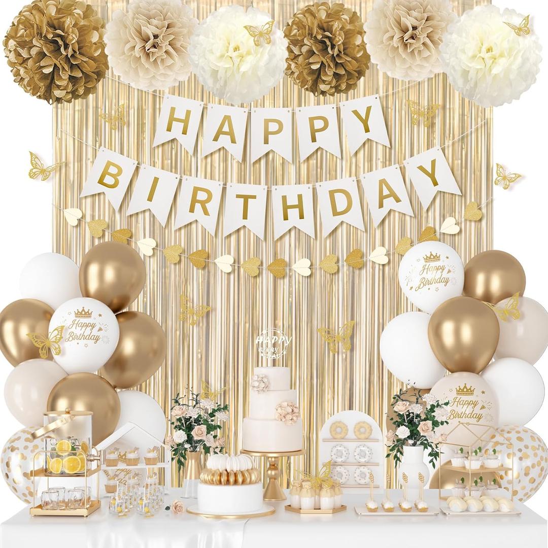 White and Gold Birthday Decorations for Women Girls, Gold White Sand Confetti Metallic Printed Balloon Butterfly Sticker Fringe Curtain Happy Birthday Banner Heart Garland Paper Pompom Party Supplies