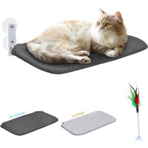 Idepet Cat Window Perch Cordless Foldable Cats Hammock Bed with Interactive Toys,Suction Cups,Reversible Cover Keep Pets Cool Warm for Summer Winter,Indoor Kitten Resting Seat(Gray&Black, 1 Pack)