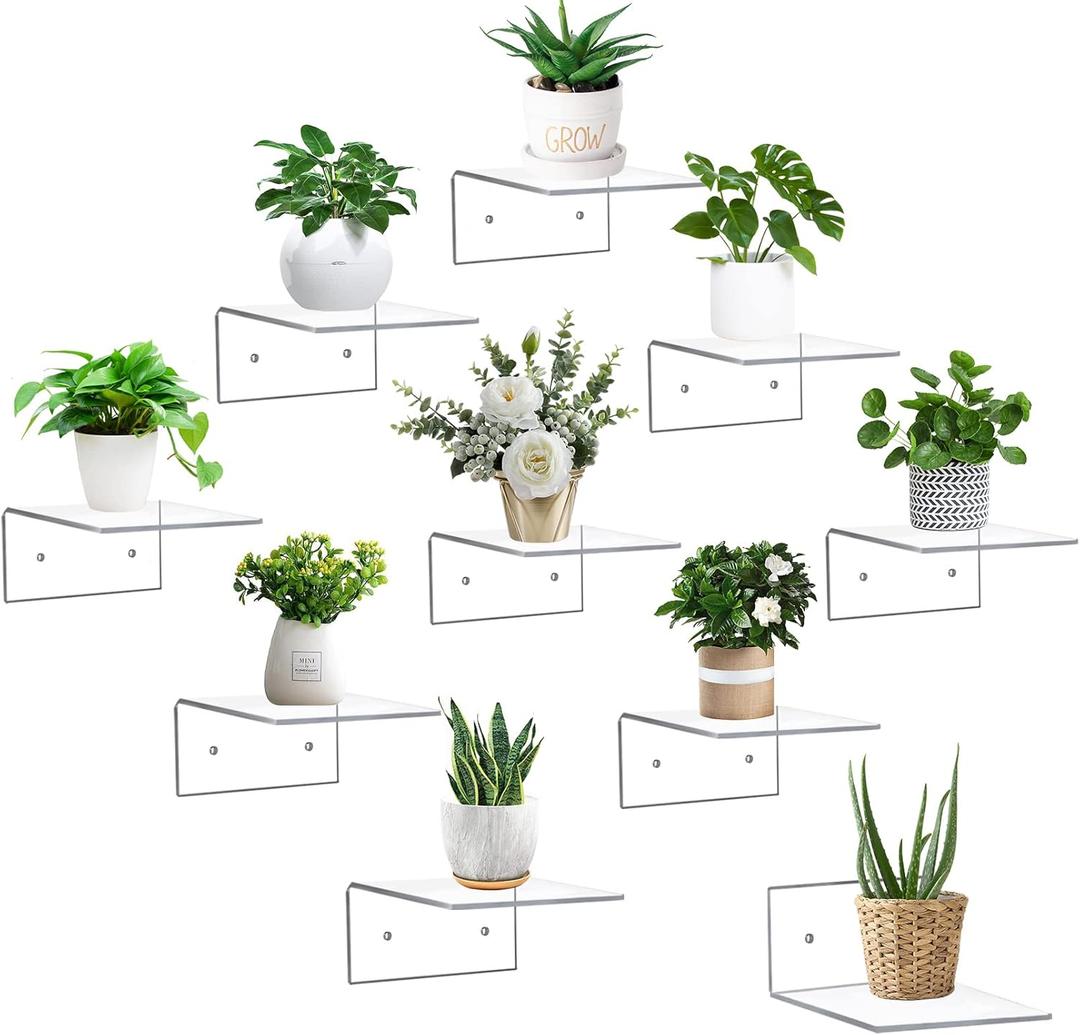 10 Pack Acrylic Floating Shelves for Wall, Wall Mounted Small Hanging Display Shelves for Plants, Funko Pop Figures, Adhesive Shelf for Bedroom, Picture Toy Clear Display Shelf
