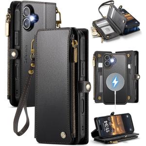 Defencase for iPhone 16 Plus Magnetic Wallet Case Compatible with Magsafe with RFID Blocking Zipper Strap Card Holder for Women Men PU Leather Detachable Case for iPhone 16 Plus (6.7 inches), Black