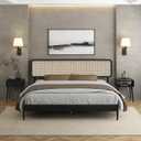 NTC Lupin Wooden Bed Frame with Headboard and Natural Rattan, Solid Oak Foundation with Silent Slats, 1000 Lb Capacity, Effortless Assembly, King - Burnt Black