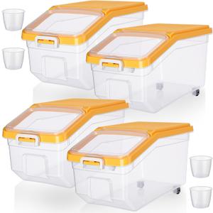 Sunnyray 4 Pcs Rice Storage Container 22 lb Airtight Flour Container with Wheels Measuring Cup Clear Pet Dog Cat Birds Food Bin Grain Cereal Organizer Box for Dry Baking Supplies(Yellow Lid)