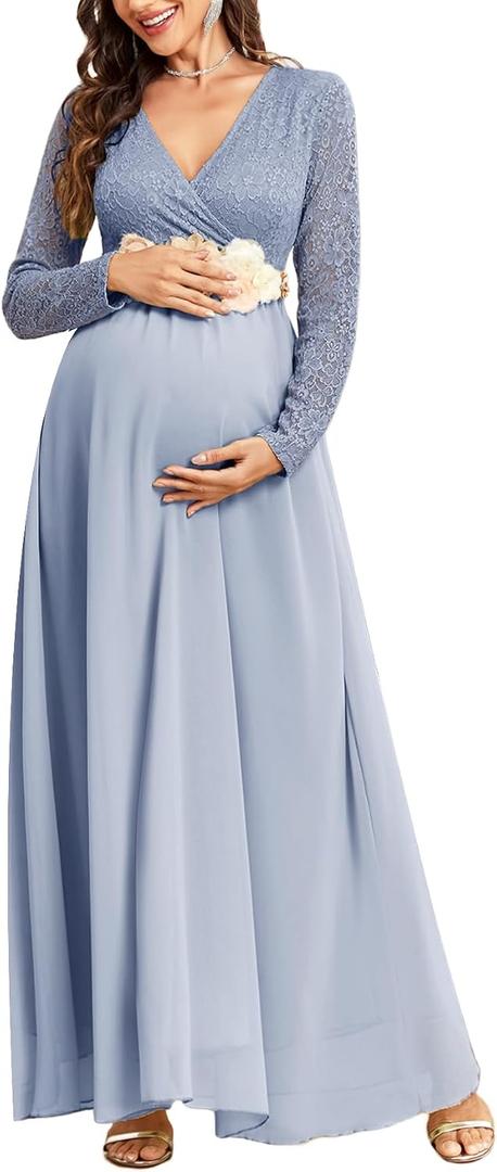 CYCLAMEN Maternity Dress Flowy A-Line Wrap Gown with Floral Lace and Contrast Chiffon Long Sleeve V Neck for Baby Shower, M